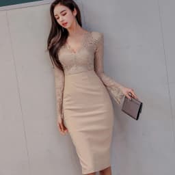 Professional Elegant Party Dress 2027 Spring V-Neck Sexy Perspective Lace Stitching Knee-Length High Waist Tight Dress Women