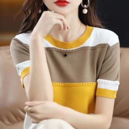 2026 Summer New Ice Silk T-shirt Short-sleeved Stripes Top Women's Round Neck Color Matching Hollow Loose Thin Knitted Sweater
