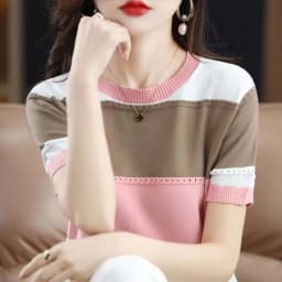 2026 Summer New Ice Silk T-shirt Short-sleeved Stripes Top Women's Round Neck Color Matching Hollow Loose Thin Knitted Sweater