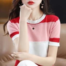2026 Summer New Ice Silk T-shirt Short-sleeved Stripes Top Women's Round Neck Color Matching Hollow Loose Thin Knitted Sweater