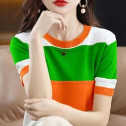 2026 Summer New Ice Silk T-shirt Short-sleeved Stripes Top Women's Round Neck Color Matching Hollow Loose Thin Knitted Sweater