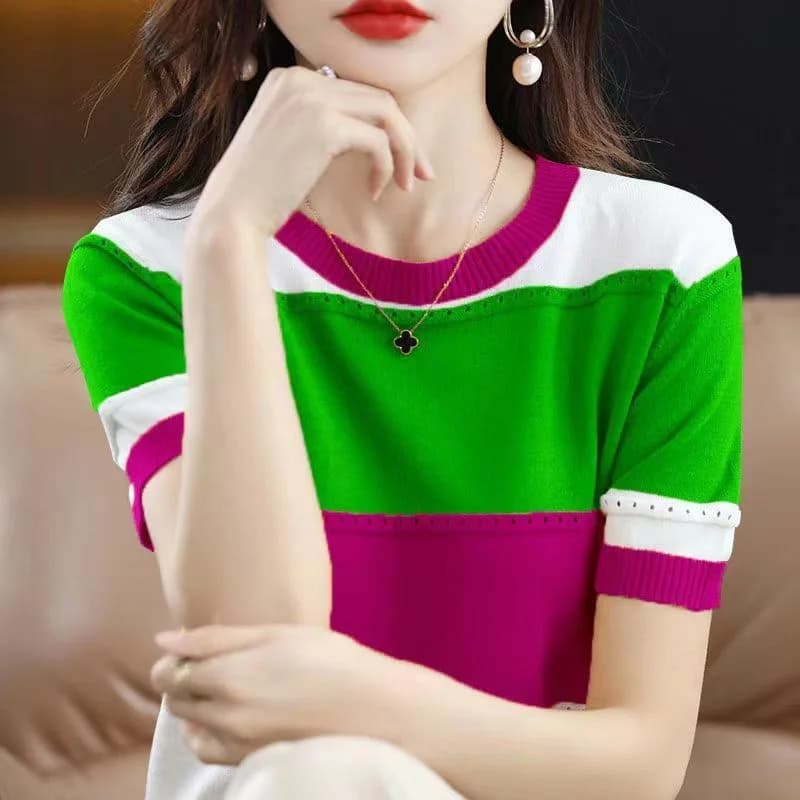2026 Summer New Ice Silk T-shirt Short-sleeved Stripes Top Women's Round Neck Color Matching Hollow Loose Thin Knitted Sweater
