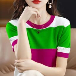 2026 Summer New Ice Silk T-shirt Short-sleeved Stripes Top Women's Round Neck Color Matching Hollow Loose Thin Knitted Sweater