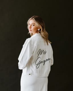 Pearl Detailing Custom Denim Jacket Custom Bride Jean Jacket Mrs White Engagement PERSONALIZED Name Rose Gold Outwear Women Coat