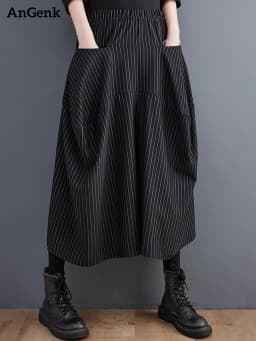 Black High Elastic Waist  Striped Plus Size Wide Leg Pants Women Pocket Loose Casual Fashion Ladies Trousers Spring Autumn 2026
