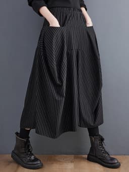 Black High Elastic Waist  Striped Plus Size Wide Leg Pants Women Pocket Loose Casual Fashion Ladies Trousers Spring Autumn 2026