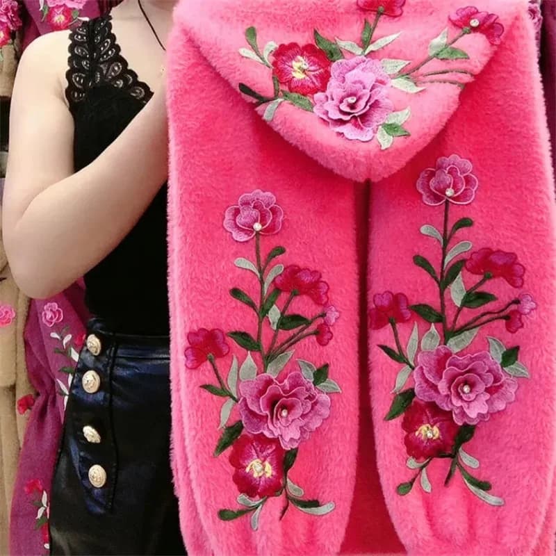 Women's Autumn And Winter Online Celebrity Explosions Embroidered Flowers Chinese Style Mink Wool Hooded Elastic Cardigan Coat