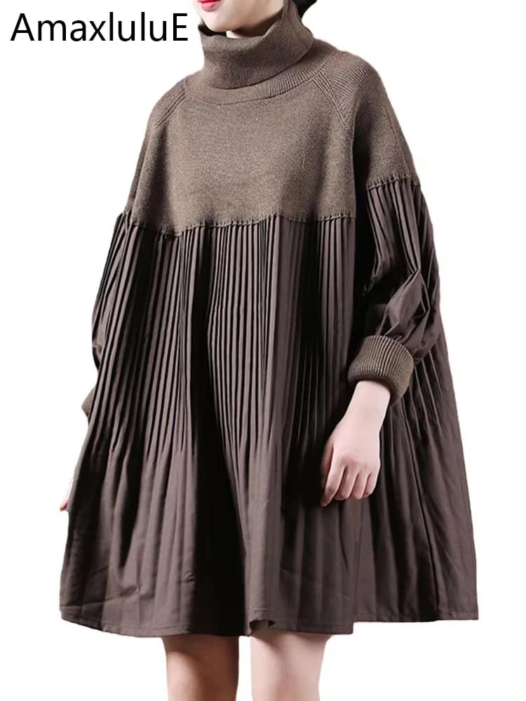 Amax luluE 2024 Womens Korean Patchwork Elegant Sweaters Winter Turtleneck Design Loose Jumpers Leisure Solid Vintage Pullover