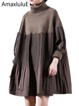 Amax luluE 2024 Womens Korean Patchwork Elegant Sweaters Winter Turtleneck Design Loose Jumpers Leisure Solid Vintage Pullover