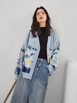 Winter Cardigan for Women 2026 Designer Knitted Sweater Coat Female New Fashion Printing Thick V-neck Casual Oversize Jumpers