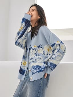 Winter Cardigan for Women 2026 Designer Knitted Sweater Coat Female New Fashion Printing Thick V-neck Casual Oversize Jumpers