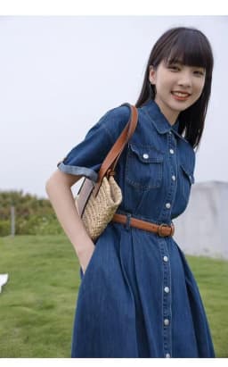 Imitation Denim Dress for Women Vintage Short Sleeve Single Breasted Slimming A-line Shirt Dresses with Belt