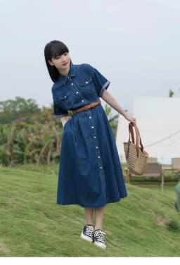 Imitation Denim Dress for Women Vintage Short Sleeve Single Breasted Slimming A-line Shirt Dresses with Belt