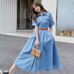 Imitation Denim Dress for Women Vintage Short Sleeve Single Breasted Slimming A-line Shirt Dresses with Belt