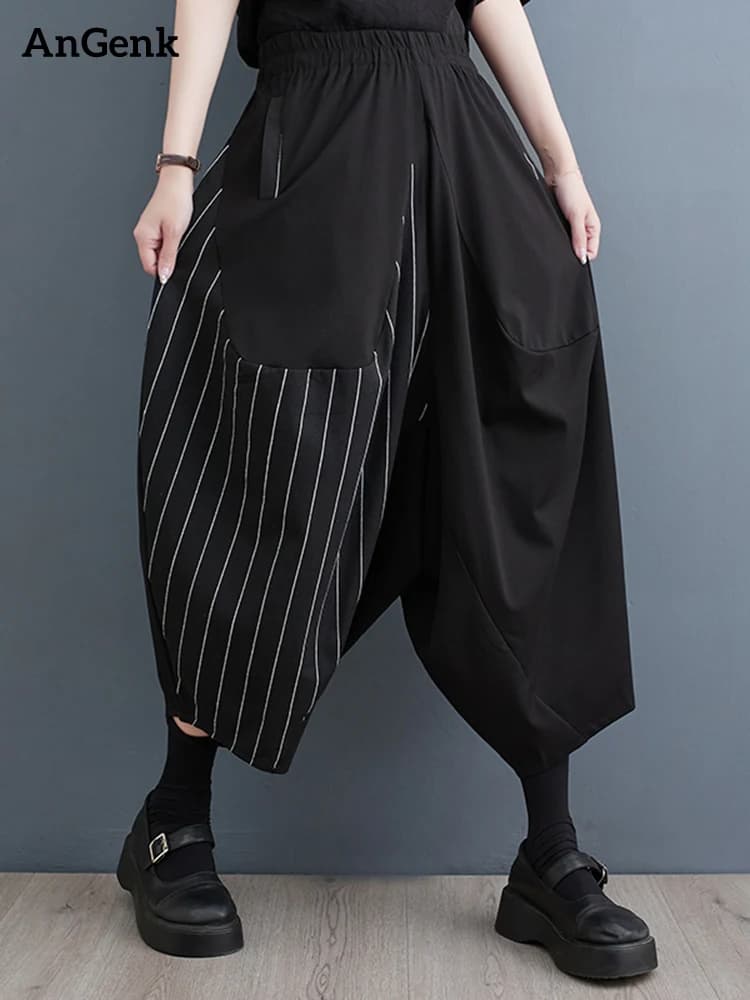 Black Vintage Patchwork Striped High Waist Wide Leg Pants Women New Loose Casual Ladies Trousers Fashion Streetwear Summer 2026