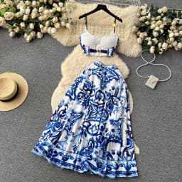 Summer Bohemain Blue And White Porcelain 2 Pieces Set Women Spaghetti Strap Padded Cup Tank Camis Tops + Print Long Skirt Suit