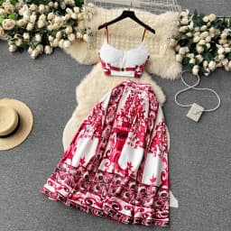 Summer Bohemain Blue And White Porcelain 2 Pieces Set Women Spaghetti Strap Padded Cup Tank Camis Tops + Print Long Skirt Suit