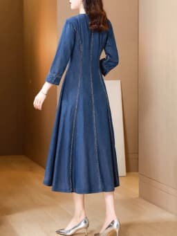 TIYIHAILEY Women Long Mid-Calf Embroidery Dress Autumn Denim M Chinese Style Cheongsam 2026 New Vintage