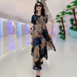 2023 Spring/Summer New Fashion Set Large Size Temperament Printed Silk Mulberry Silk Top Women Wide Leg Printed Covering Belly