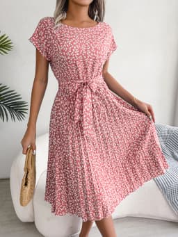 Gaun Berlipat Floral Wanita Gaun Midi Perban Ruched Lengan Pendek Leher-o Kasual Musim Panas Gaun Boho Chic A Line Pantai Wanita