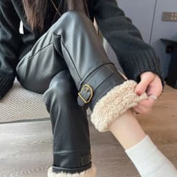 2026 Winter New Women Splicing Thickened Straight High Waisted Slimming Lamb Hair Leather Pants Korean Fashion