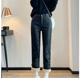 2026 Winter New Women Splicing Thickened Straight High Waisted Slimming Lamb Hair Leather Pants Korean Fashion