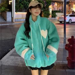 Women Jacket Lamb Plush Thickened Love Stand-up Collar Jacket Women Loose Korean Winter New Student Zipper Plus Fleece Top Tide