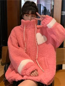 Women Jacket Lamb Plush Thickened Love Stand-up Collar Jacket Women Loose Korean Winter New Student Zipper Plus Fleece Top Tide