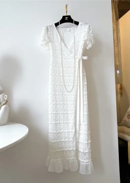 New Korean Fashion V-neck Lace Dress Women Summer Slim Short Sleeve Lace Up Wrapped Mesh Ruffles Long Dresses Vestidos Robe