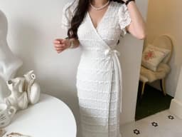 New Korean Fashion V-neck Lace Dress Women Summer Slim Short Sleeve Lace Up Wrapped Mesh Ruffles Long Dresses Vestidos Robe