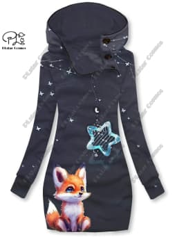 3D printing Christmas snowflake animal series cute fox pattern special collar women's long sweater dress casual and warm