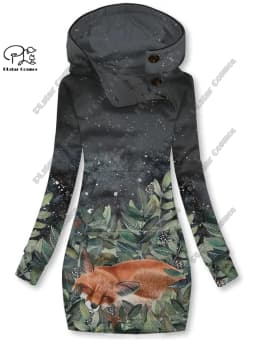 3D printing Christmas snowflake animal series cute fox pattern special collar women's long sweater dress casual and warm