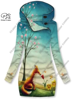 3D printing Christmas snowflake animal series cute fox pattern special collar women's long sweater dress casual and warm