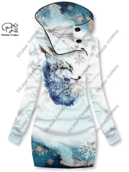 3D printing Christmas snowflake animal series cute fox pattern special collar women's long sweater dress casual and warm