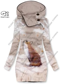 3D printing Christmas snowflake animal series cute fox pattern special collar women's long sweater dress casual and warm