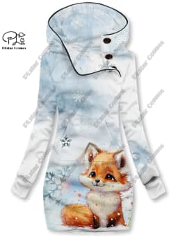 3D printing Christmas snowflake animal series cute fox pattern special collar women's long sweater dress casual and warm