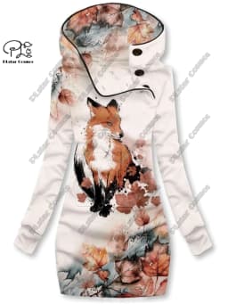 3D printing Christmas snowflake animal series cute fox pattern special collar women's long sweater dress casual and warm
