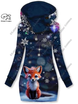 3D printing Christmas snowflake animal series cute fox pattern special collar women's long sweater dress casual and warm