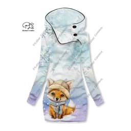 3D printing Christmas snowflake animal series cute fox pattern special collar women's long sweater dress casual and warm