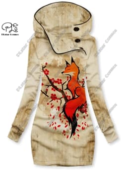 3D printing Christmas snowflake animal series cute fox pattern special collar women's long sweater dress casual and warm