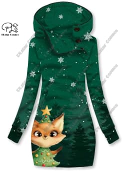 3D printing Christmas snowflake animal series cute fox pattern special collar women's long sweater dress casual and warm