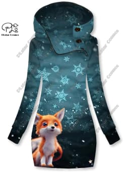 3D printing Christmas snowflake animal series cute fox pattern special collar women's long sweater dress casual and warm