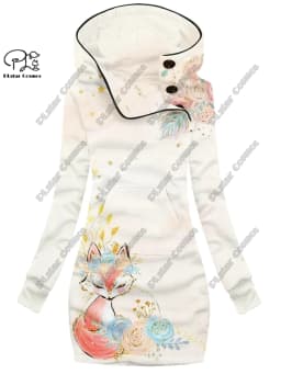 3D printing Christmas snowflake animal series cute fox pattern special collar women's long sweater dress casual and warm