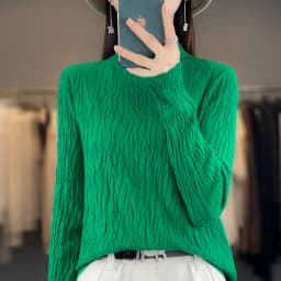 Women Autumn Winter Pure Wool Sweater Half-high Collar Irregular Pit Strips Pullover Female Thickened Casual Knitted Basis Top