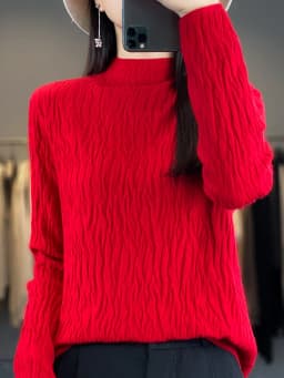 Women Autumn Winter Pure Wool Sweater Half-high Collar Irregular Pit Strips Pullover Female Thickened Casual Knitted Basis Top