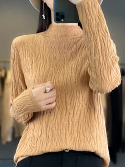 Women Autumn Winter Pure Wool Sweater Half-high Collar Irregular Pit Strips Pullover Female Thickened Casual Knitted Basis Top