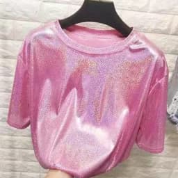 New summer retro style stylish bright silk woman tops shiny loose short sleeve t-shirt sexy club aesthetic harajuku women tshirt