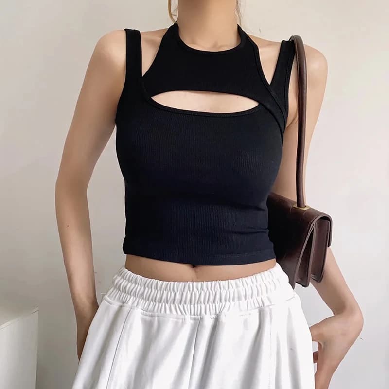 Asymmetrical Crop Top y2k E-girl Hollow Out Knitted Corset Top Sleeveless O Neck Mini Vest Basic Casual Sporty  Summer