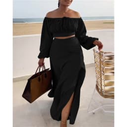 Women Ruched Lantern Long Sleeve Off Shoulder Crop Top & High Waist Side Slit Maxi Skirt Set Solid Two Pieces Dress Set Outfits