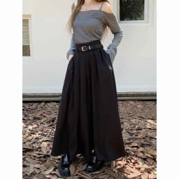 Elegant Belt Ankle Length Skirts Women Autumn Korean High Waist Solid A Line Skirts Fashion Chic All Match Pleated Long Skirts